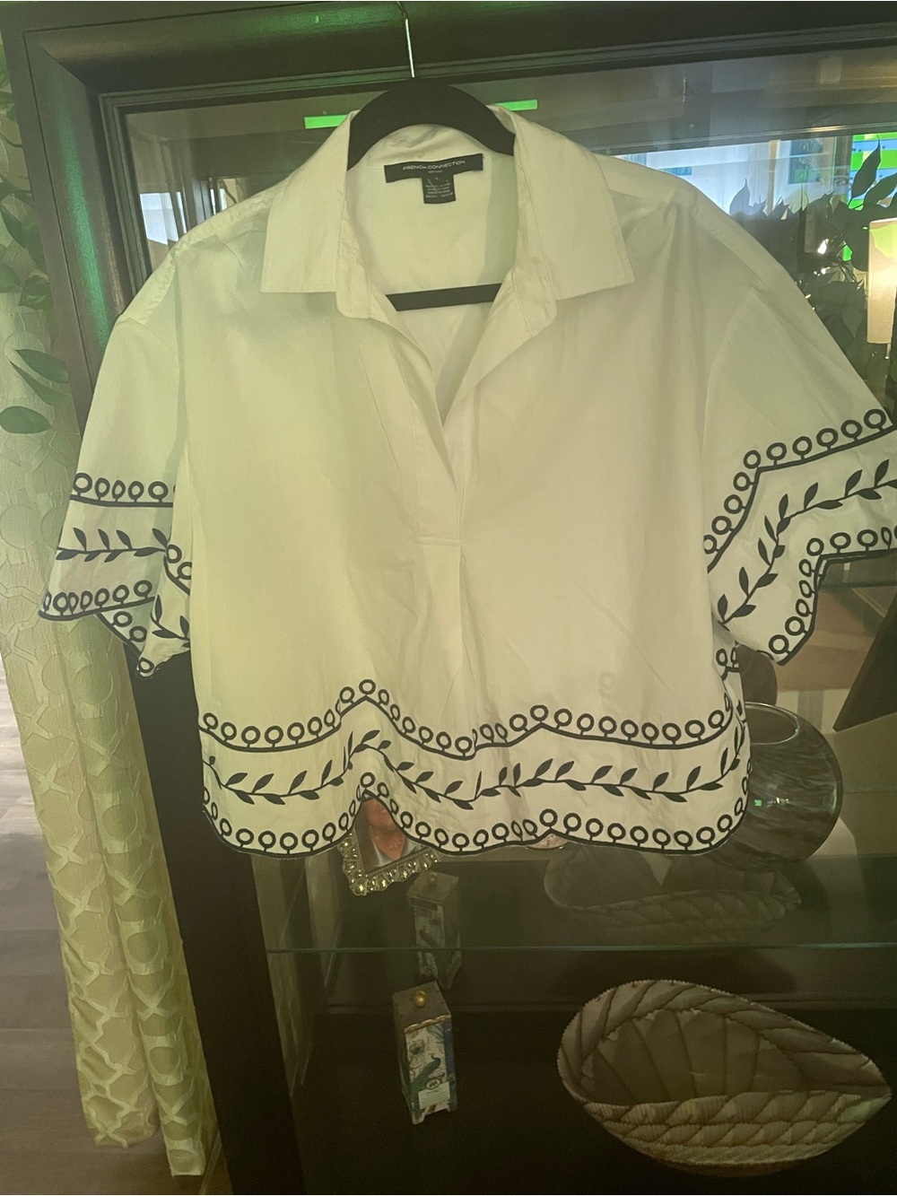French Connection White Crop Button-Front Skirt with Black Embroidery